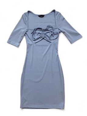 Light Baby Blue Bodycon Dress With Tie Front Detail & Small Cutout